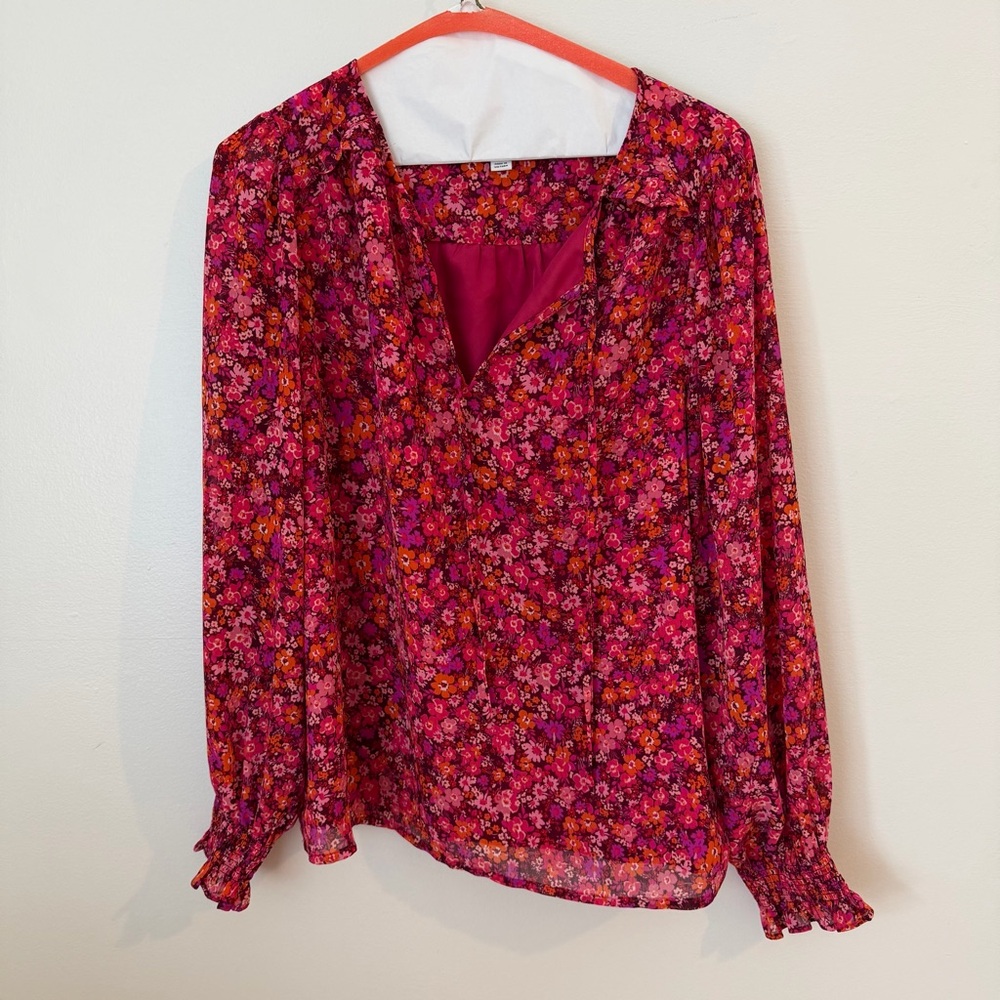 J. Crew Floral V-Neck Long-Sleeve Blouse in Fuchsia Mix